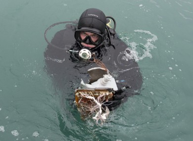 A Russian diver lifts a fragment of the plane from the Black Sea.