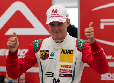 Mick Schumacher celebrates a F4 victory