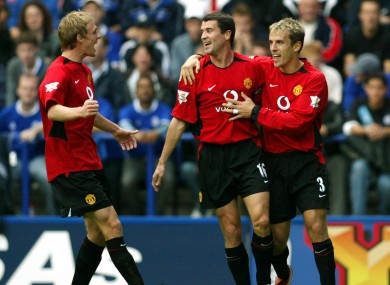 Darren Fletcher, Roy Keane and Phil Neville celebrating a Manchester United goal against Leicester City in 2003.