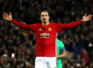 Manchester United striker Zlatan Ibrahimovic scores against Saint-Etienne.