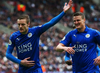 Leicester City goalscorers Jamie Vardy and Robert Huth.