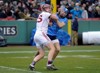 Galway's James Skehill and Eamon Dillon of Dublin get to grips with each other at Fenway Park in 2015.