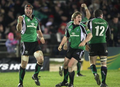 Muldoon and Ian Keatley celebrate a win in 2008.