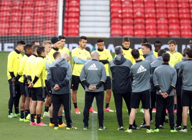 Celta Vigo team huddle during the training session at Old Trafford, Manchester.