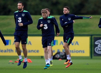 Shane Duffy (left) and Eunan O'Kane (centre) training with Robbie Brady (right).