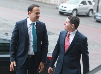 Leo Varadkar and Paschal Donohoe arriving at the Government’s National Economic Dialogue in Dublin Castle.