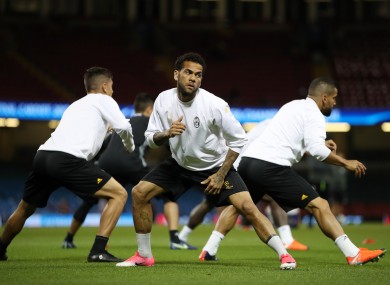 Dani Alves in training in Cardiff yesterday.