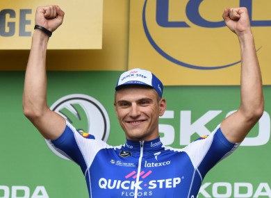 German race cyclist Marcel Kittel of the Team Quick-Step Floors celebrates his victory after the Tour de France 2nd stage between Duesseldorf and Luettich in Mettmann, Germany.