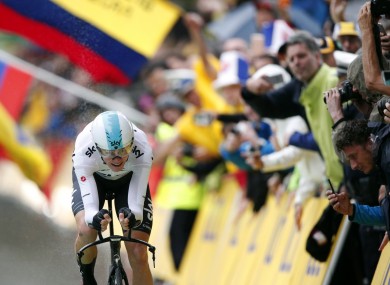 Britain's Chris Froome crosses the finish line during the first stage of the Tour de France.
