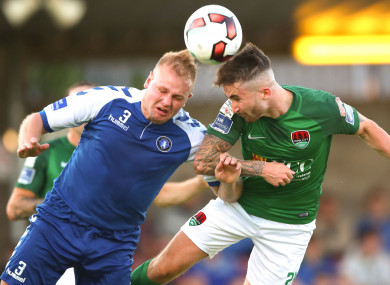 Robbie Williams challenges for a header with Sean Maguire during Limerick's 4-1 defeat to Cork City last month.