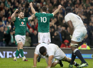 Ireland's Cian Healy and Johnny Sexton celebrate after beating England at the Aviva Stadium.