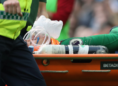 Man City goalkeeper Ederson is stretchered off.