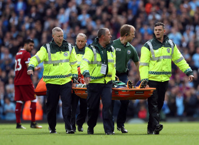 Manchester City goalkeeper Ederson is stretchered off during the Premier League match at the Etihad Stadium.