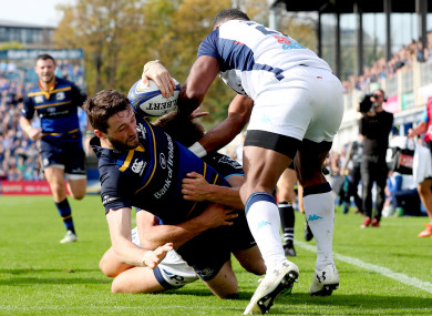 Barry Daly goes over in the corner for Leinster's fourth try.