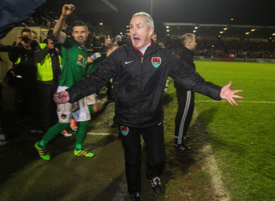 Cork City manager John Caulfield reacts at the final whistle after last night's game against Derry City.