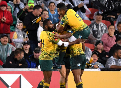 Australia celebrate Reece Hodge's try