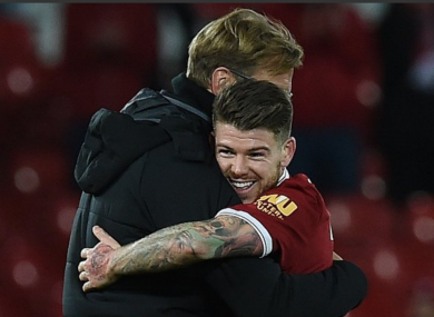 Alberto Moreno and Jurgen Klopp celebrate Liverpool's win over Southampton