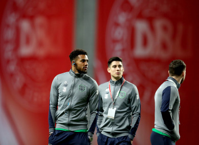 Callum O'Dowda (centre) walking the pitch with Cyrus Christie (left) tonight.