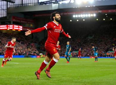 Liverpool's Mohamed Salah celebrates scoring his side's second goal.