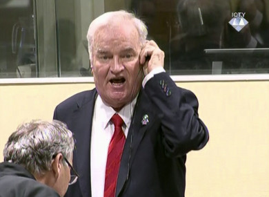 Ratko Mladic during an angry outburst in the Yugoslav War Crimes Tribunal today.