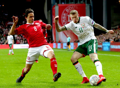 Ireland's James McClean and Thomas Delaney of Denmark.