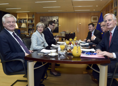 Britain's Secretary of State for Exiting the European Union David Davis, Britain's PM Theresa May, European Commission President Jean-Claude Juncker and EU's chief Brexit negotiator Michel Barnier in Brussels.