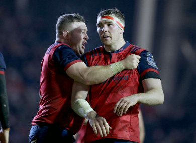 Dave Kilcoyne and Peter O'Mahony celebrate CJ Stander's second-half try.