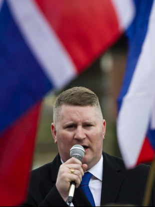 Paul Golding makes a speech during a demonstration by Britain First and EDL.