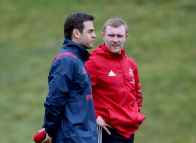 Johann van Graan and Keith Earls during Munster training at UL today.