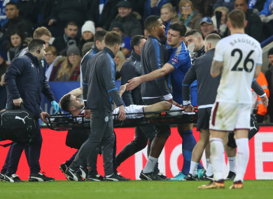 Ireland international Robbie Brady is stretchered off at the King Power Stadium.