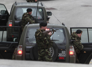 A heavy security presence is seen outside the Special Criminal Court in Dublin for the arrival of Wayne Dundon and associate Nathan Killeen in 2013.