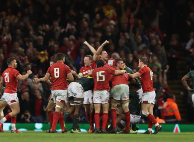 Wales celebrate their win at the final whistle.