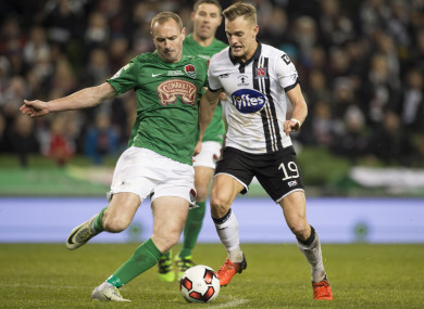 Dean Shiels tangles with Cork City's Colin Healy while playing for Dundalk in the 2016 FAI Cup final.