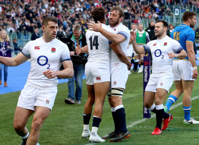 England celebrate Anthony Watson's try.