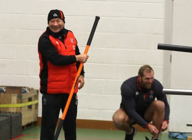 Eddie Jones wielding his new encouragment method at England training today.