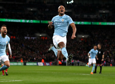 Vncent Kompany scores for Manchester City in the EFL Cup final