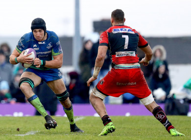 Dillane (left) facing Oyonnax in the Challenge Cup.