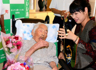 Nabi Tajima, 117, pictured during a celebration at a nursing home on 18 September 2017 in Kikai, Kagoshima, Japan