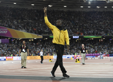 Bolt does a lap of honour at the IAAF London 2017 World Athletics Championships in London.