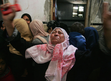 Relatives of Palestinian Ibrahim Abu Shaar, who was killed along Israel border with Gaza, mourn during his funeral in Rafah town, in the southern Gaza Strip.