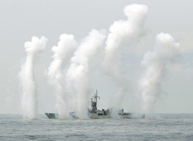 A Taiwan Navy's Knox-class frigate fires chaff during a navy exercise in the bound of Suao naval station in Yilan County, earlier this month.