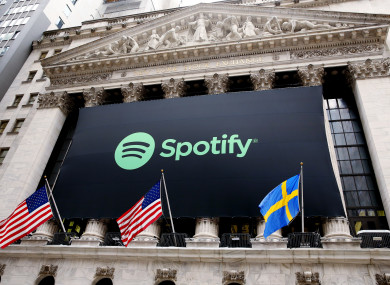 Spotify's banner hanging on the NYSE today.