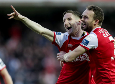 Ian Bermingham and Conan Byrne celebrate Pats' first goal.