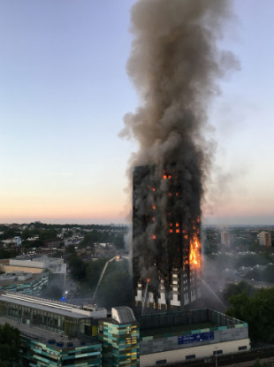 Grenfell Tower on fire on 14 June 2017.