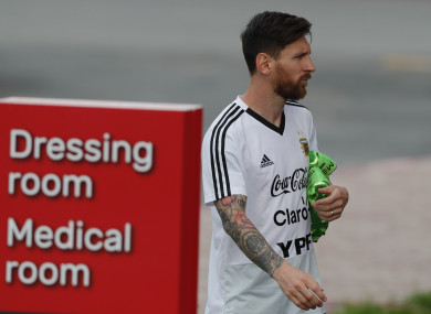Lionel Messi arrives for a training session of Argentina.