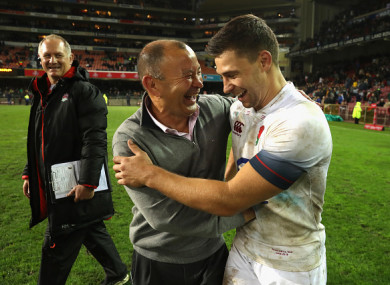 Jones celebrates yesterday's win over the Springboks with Ben Youngs.