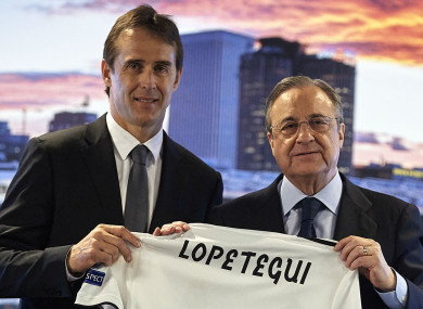 Real Madrid coach Julen Lopetegui and president Florentino Perez