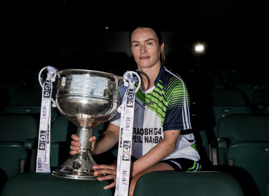 Dublin's Sinead Aherne with the Brendan Martin Cup at today's launch of the 2018 TG4 All-Ireland ladies football championships.