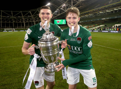 Cork City's Garry Buckley and Kieran Sadlier celebrate after their victory over Dundalk in the 2017 FAI Cup final.