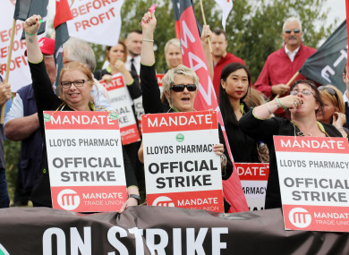 Lloyds Pharmacy workers striking outside Lloyds head office in United Drug House, Magna Business Park, Citywest, Dublin